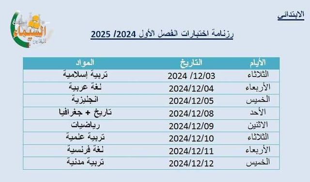 رزنامة إختبارات الفصل الأول للطور الإبتدائي